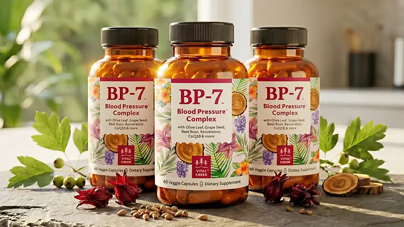 Three BP-7 bottles on a kitchen counter with some leaves and nuts